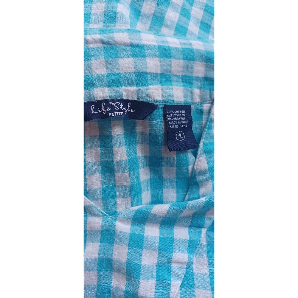 Life Style Petite Large Teal Gingham V-Neck Tunic Top with Fringe Hem Summer - Picture 6 of 7